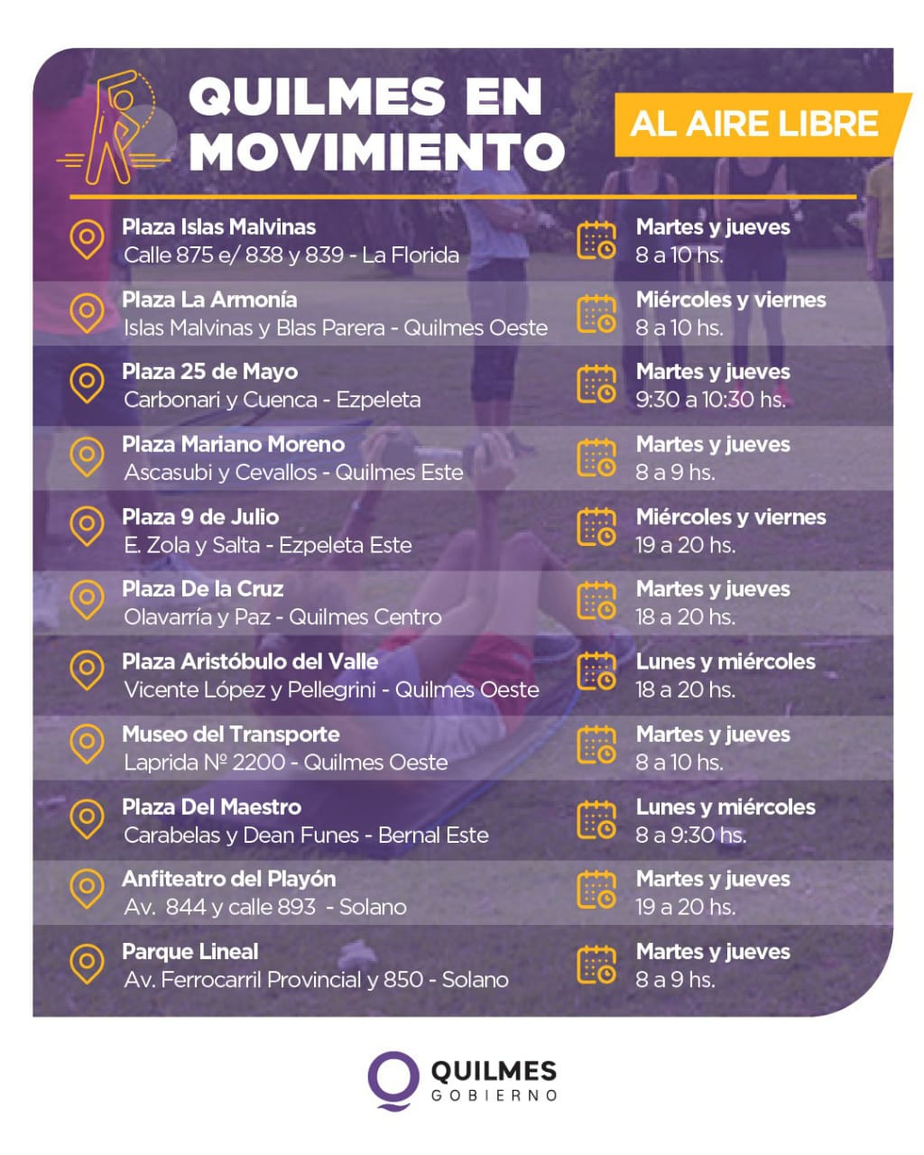 Guía de plazas y horarios de Quilmes en Movimiento.