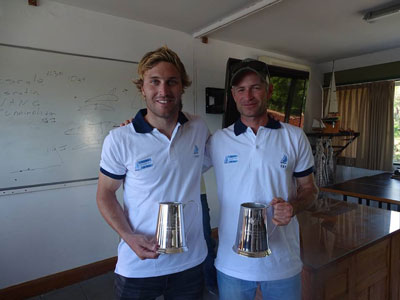 Gwozdz y Dietrich muestran la copa ganada en el Argentino 470.